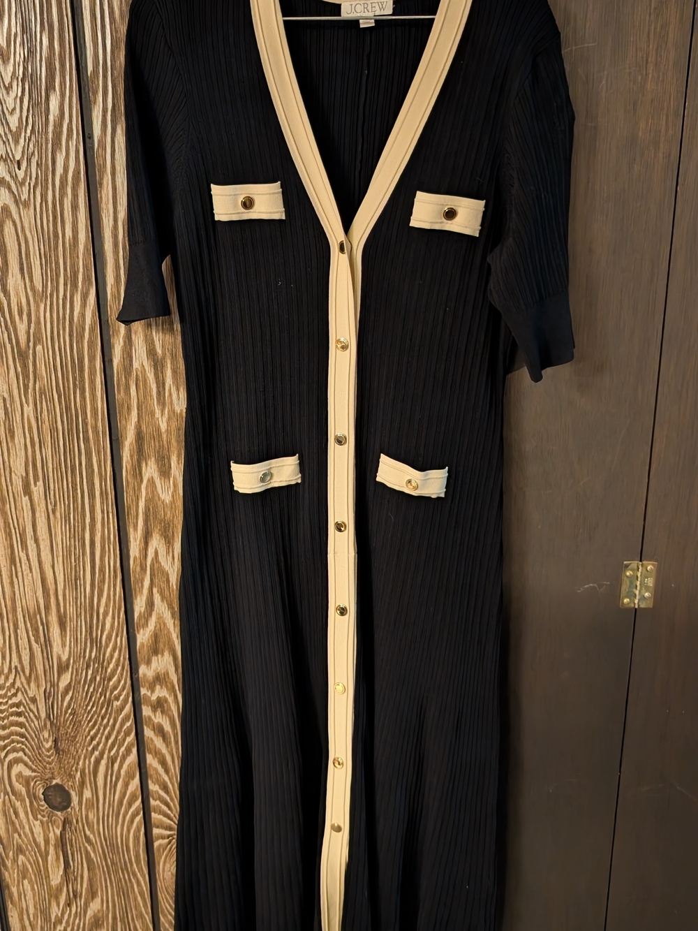 J. Crew Black Midi Ribbed Button-Front Dress with Cream Trim